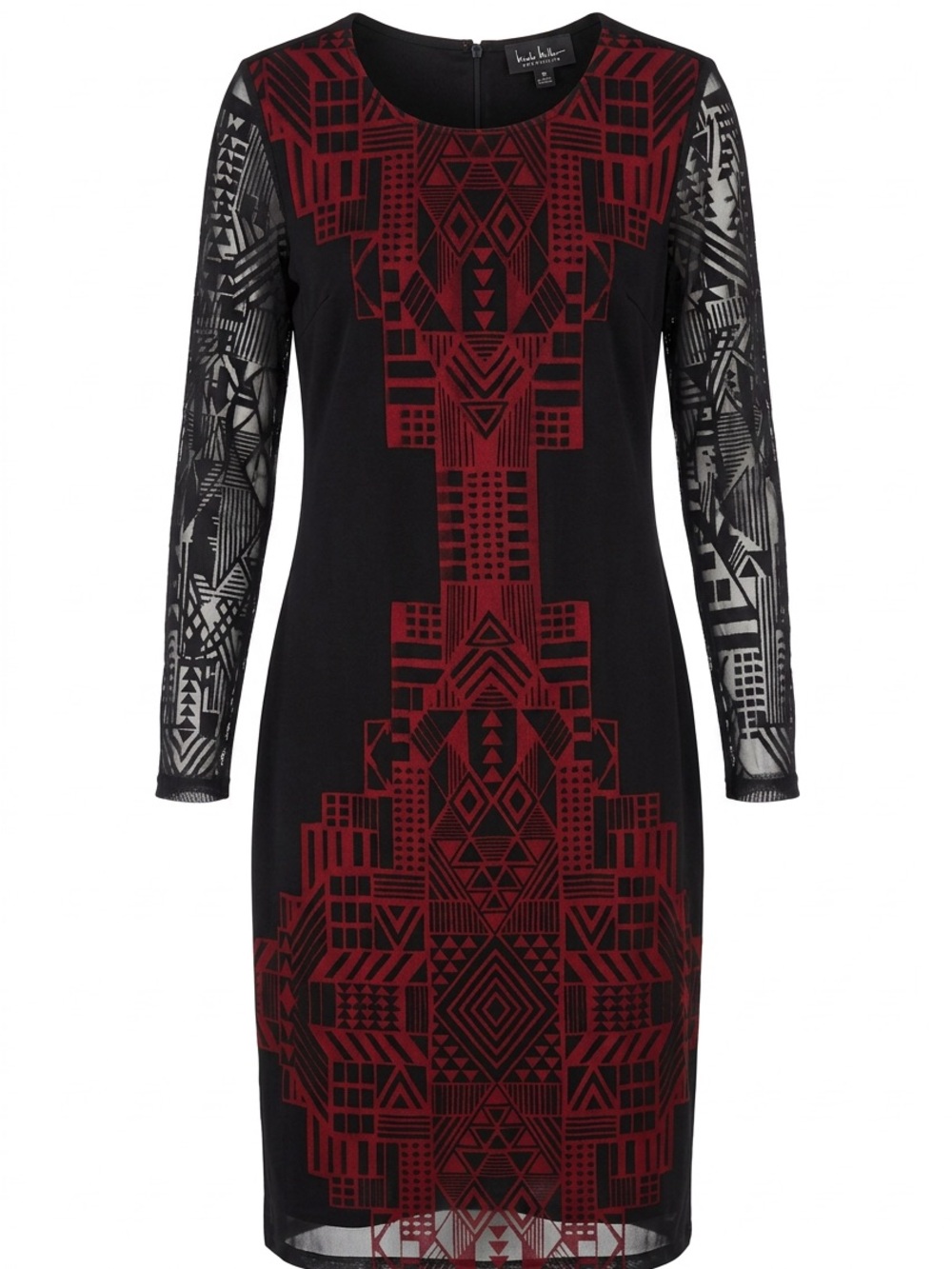 Nicole by Nicole Miller Womens Medium Black Burgundy Geometric Mesh Sleeve Dress